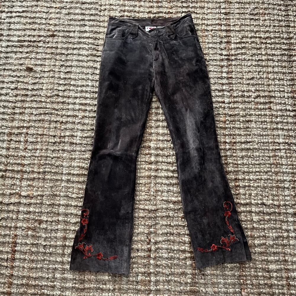 Roper Womens 8 Suede Leather Bootcut Pants Western Embroidered Brown Y2K